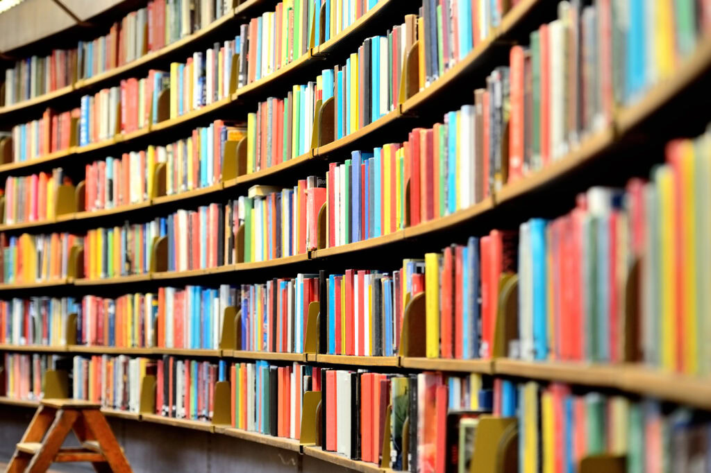 Curved shelves filled with colorful books line the wall of a library. A wooden stepladder is visible in the lower left corner, positioned near the bookshelves.