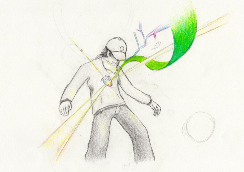 A pencil sketch of a person wearing a cap and sweatshirt, with colorful, abstract beams and shapes emerging from their chest, blending yellow, green, and pink hues into the background.