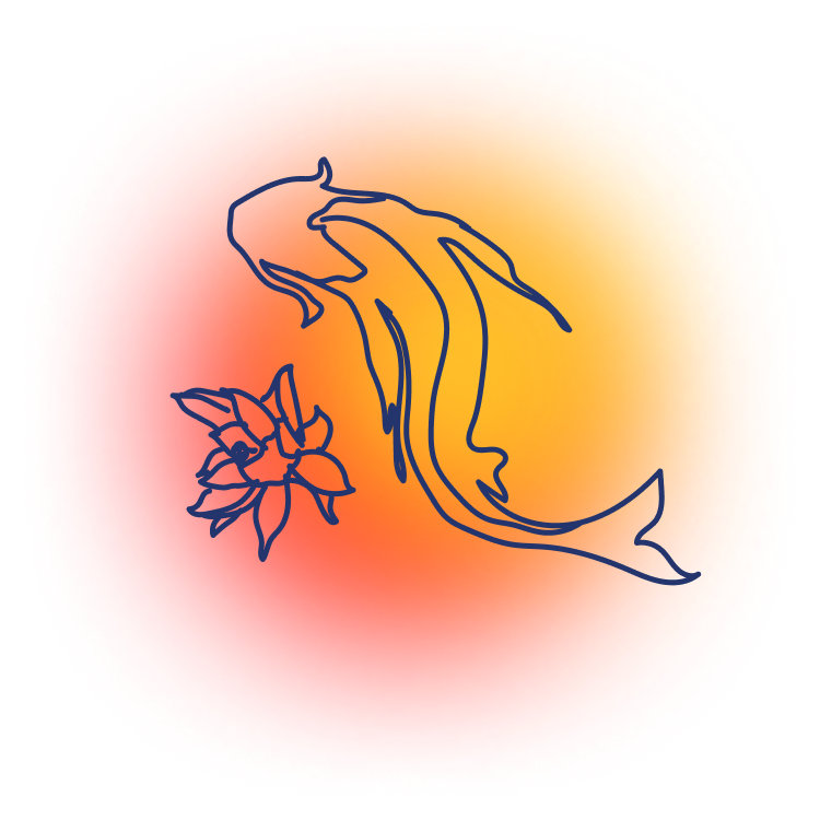 A simple blue line drawing of a koi fish and a flower on a glowing orange and yellow gradient background.
