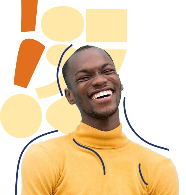A smiling man in a yellow turtleneck stands in front of an abstract background with beige shapes and orange accents, along with blue curved lines highlighting his outline.