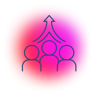 Three outlined human figures under three upward arrows merging into one, set against a vivid red and pink gradient circular background.