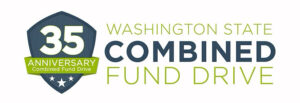 Logo for the 35th anniversary of the Washington State Combined Fund Drive, featuring a blue badge with 35 Anniversary and bold green and blue text to the right.