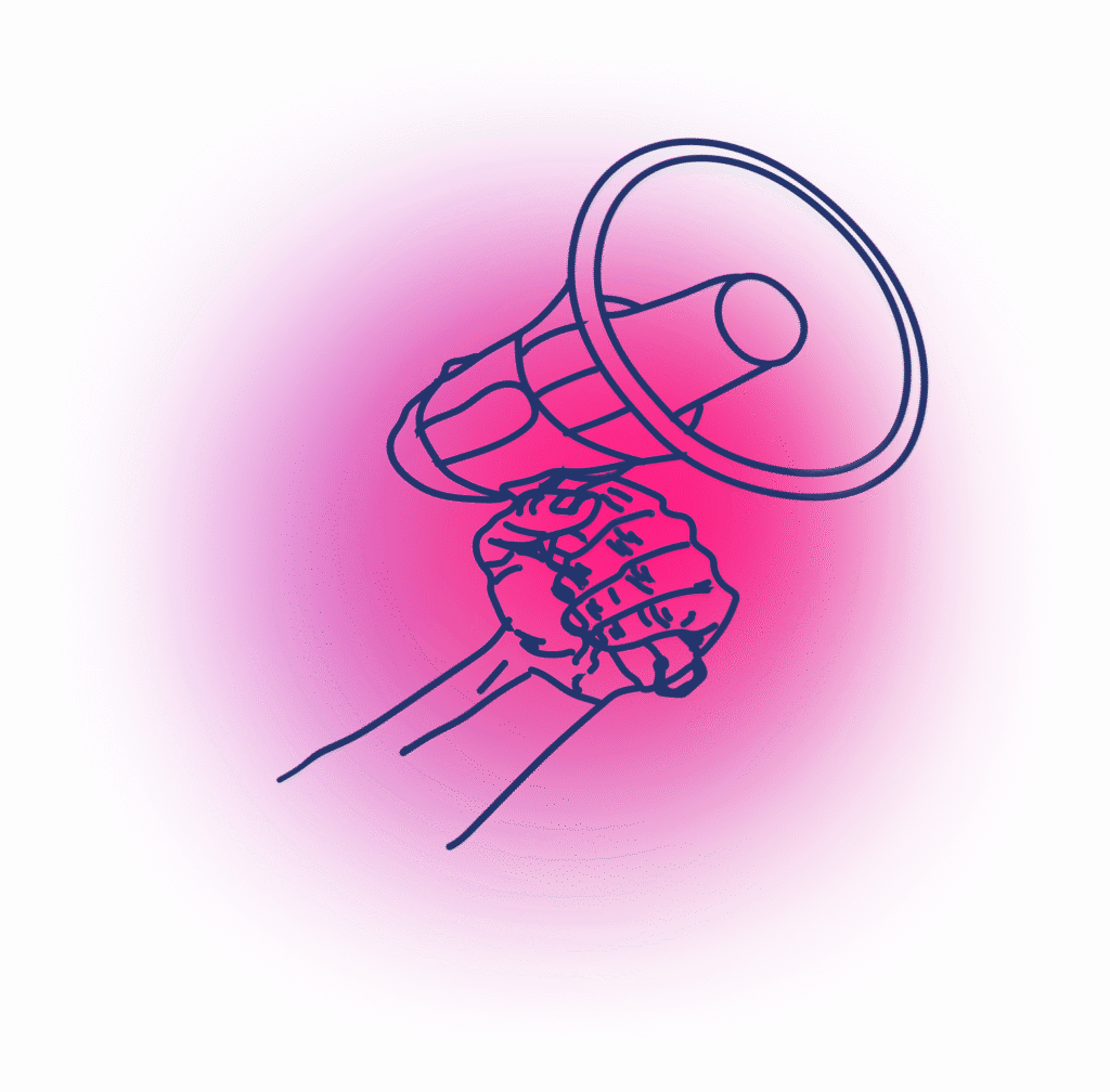 A hand gripping a megaphone is illustrated with bold, simple lines against a pink gradient background, symbolizing activism, protest, or amplification of a message.