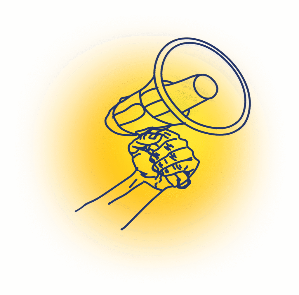 A stylized line drawing of a hand gripping a megaphone, with a yellow glow radiating in the background, symbolizing voice, communication, or protest.