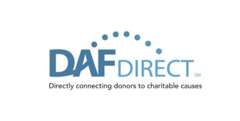 DAF Direct logo with blue text and dotted arc above, and the tagline Directly connecting donors to charitable causes below.