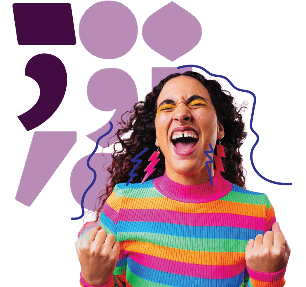 A person with curly hair wearing a colorful striped sweater and lightning bolt earrings smiles and clenches their fists in excitement. Abstract purple shapes and lines decorate the background.