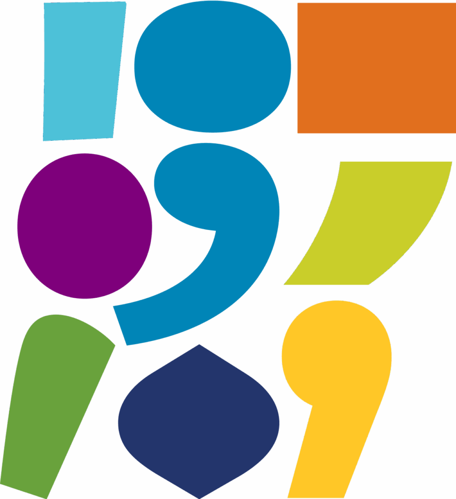 A collection of colorful geometric shapes, including circles, rectangles, and leaf-like forms, arranged in a modern, abstract pattern on a transparent background. The shapes are blue, orange, green, yellow, and purple.