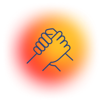 Two hands clasping each other in a handshake, outlined in blue, centered on a bright red and orange circular gradient background.