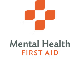 Orange cross-shaped logo above the words Mental Health in gray and FIRST AID in orange, on a white background.