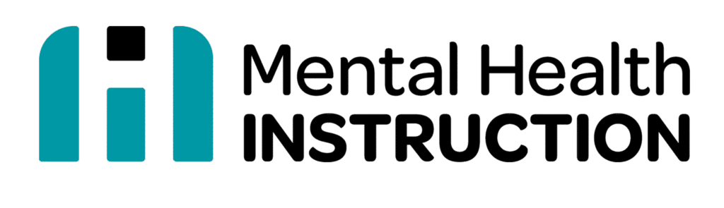 Logo with a stylized “MH” icon in teal and black, next to the words “Mental Health INSTRUCTION” in bold black letters on a light background.