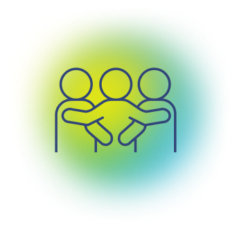 Simple line drawing of three people standing side by side with their arms around each other, on a circular blue and yellow gradient background.