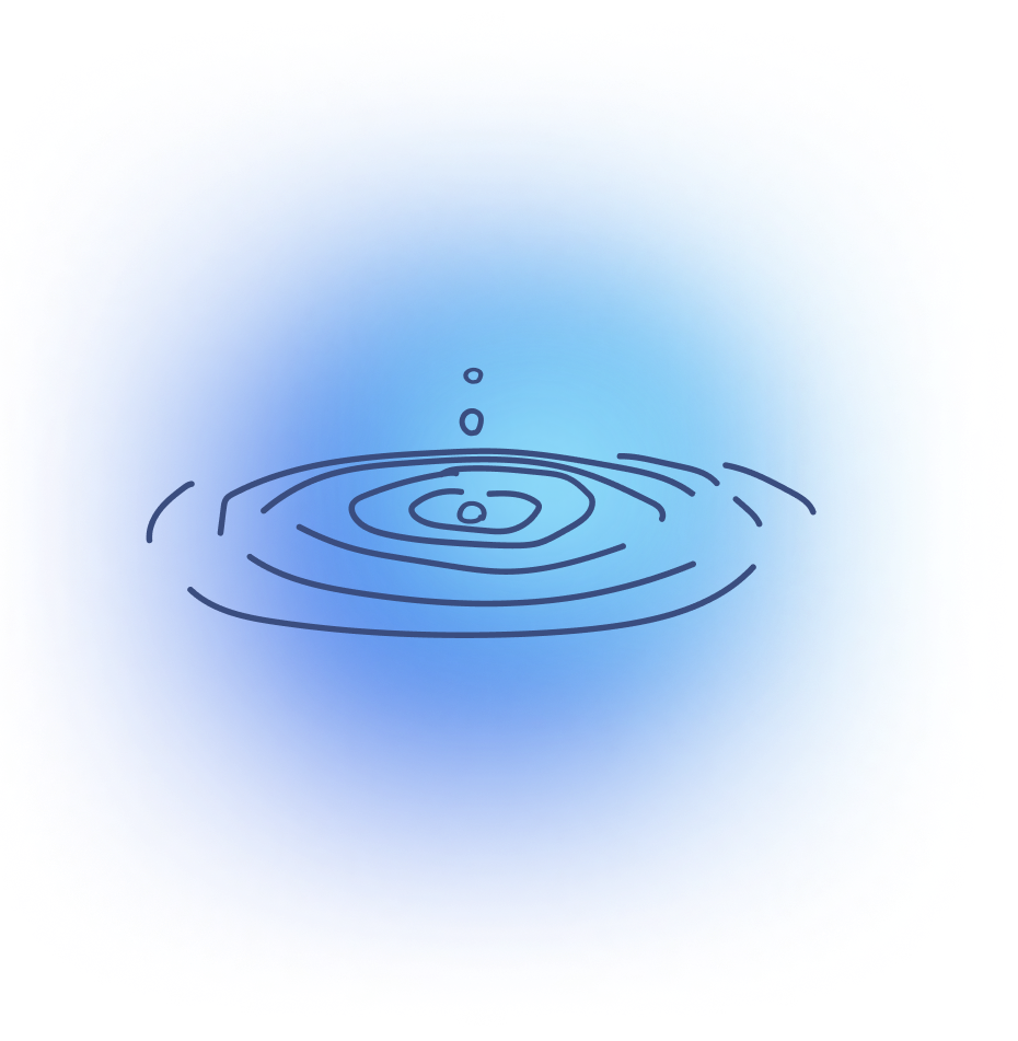 Simple line drawing of a water droplet falling into a pool, creating ripples on a blue gradient background with soft, glowing edges.