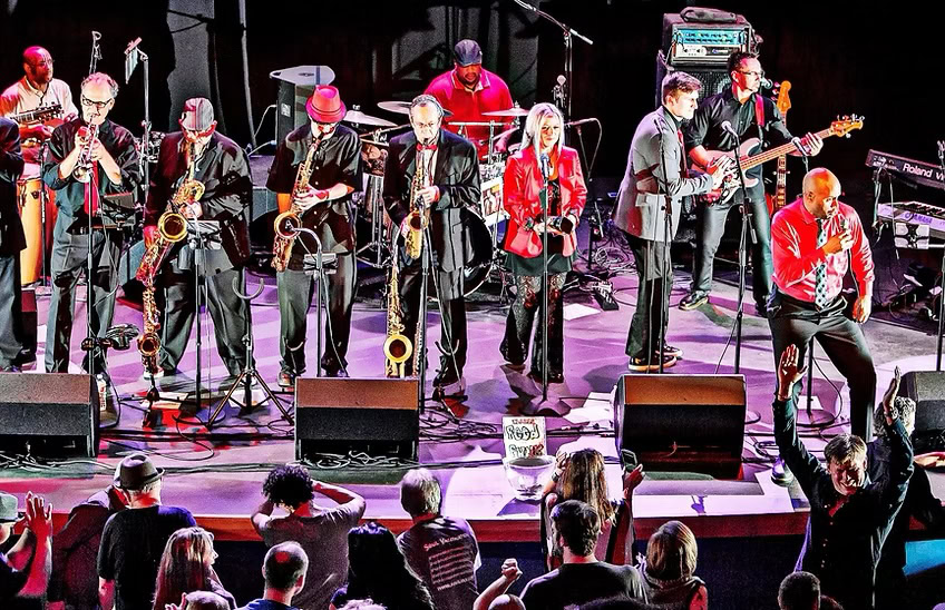 A lively band performs on stage with brass, guitar, keyboards, and drums, while a singer in a red shirt engages an enthusiastic crowd cheering and raising their hands in front of the stage.