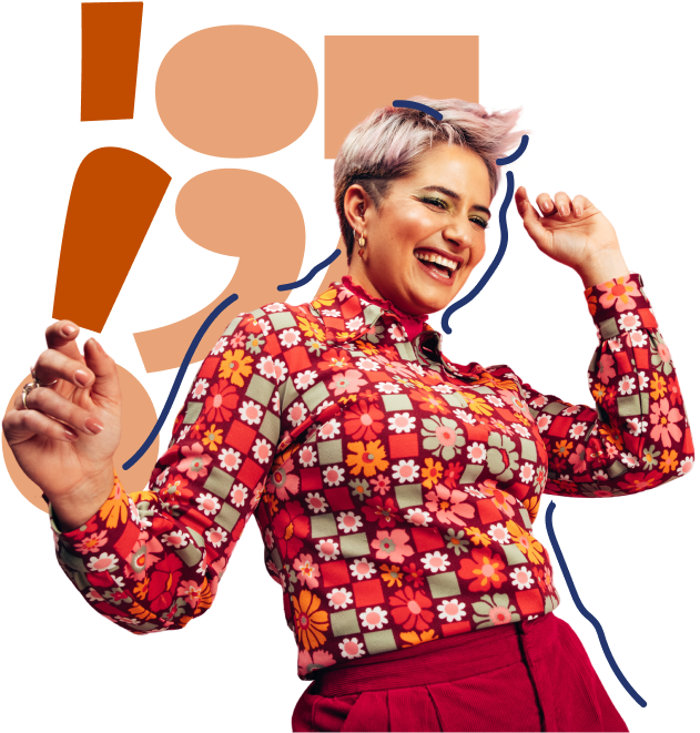 A smiling person with short, light hair dressed in a colorful, floral-patterned shirt and red pants dances joyfully. Abstract orange shapes and blue lines are in the background.