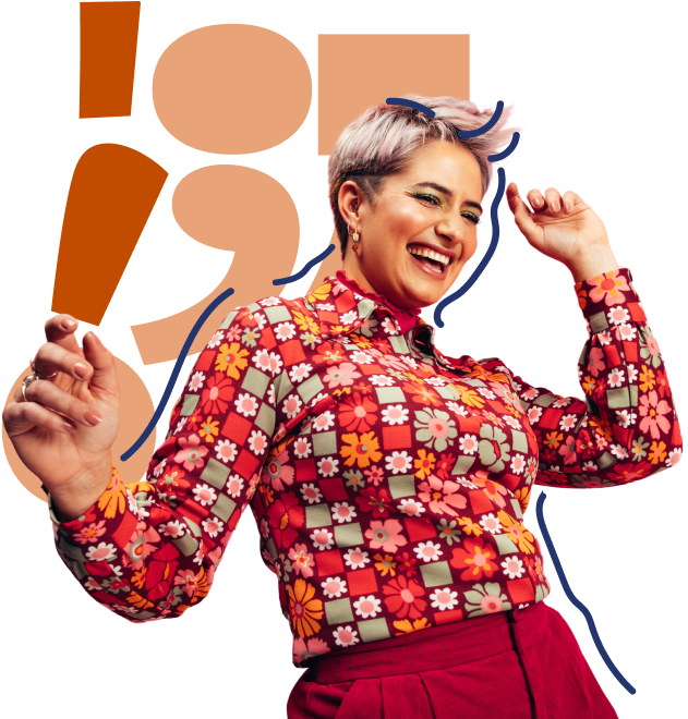 A smiling person with short, light-colored hair dances joyfully, wearing a vibrant floral-patterned shirt and red pants, with abstract orange shapes in the background.