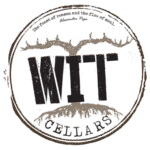 A circular logo with WIT Cellars in bold letters, antlers above the text, and a rustic border around the circle.